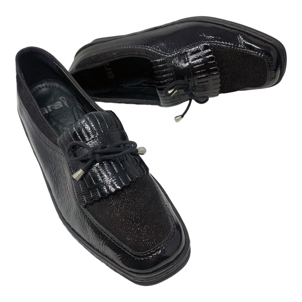 ARA Rachel Black Crinkled Patent Leather Kiltie Fringe Bow Loafers